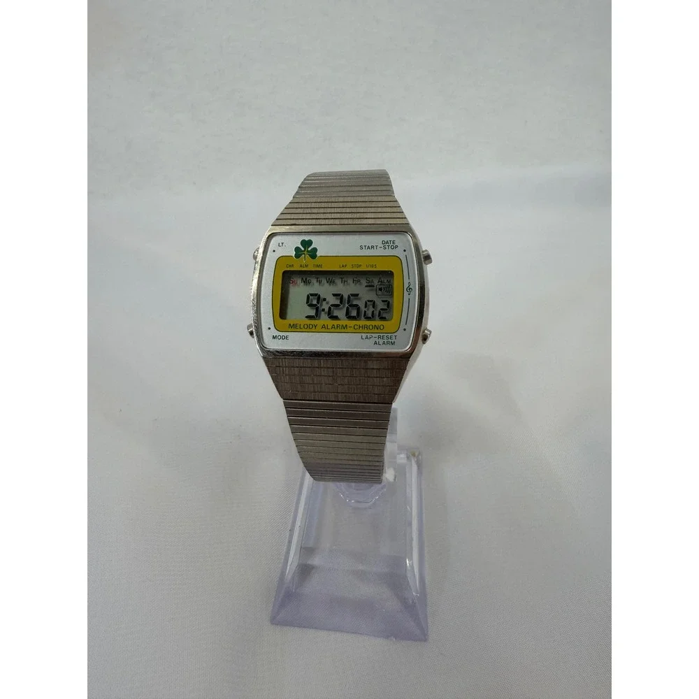 Vintage Sheldon Corp Digital Melody Alarm Chronograph Watch Shamrock Silver Tone